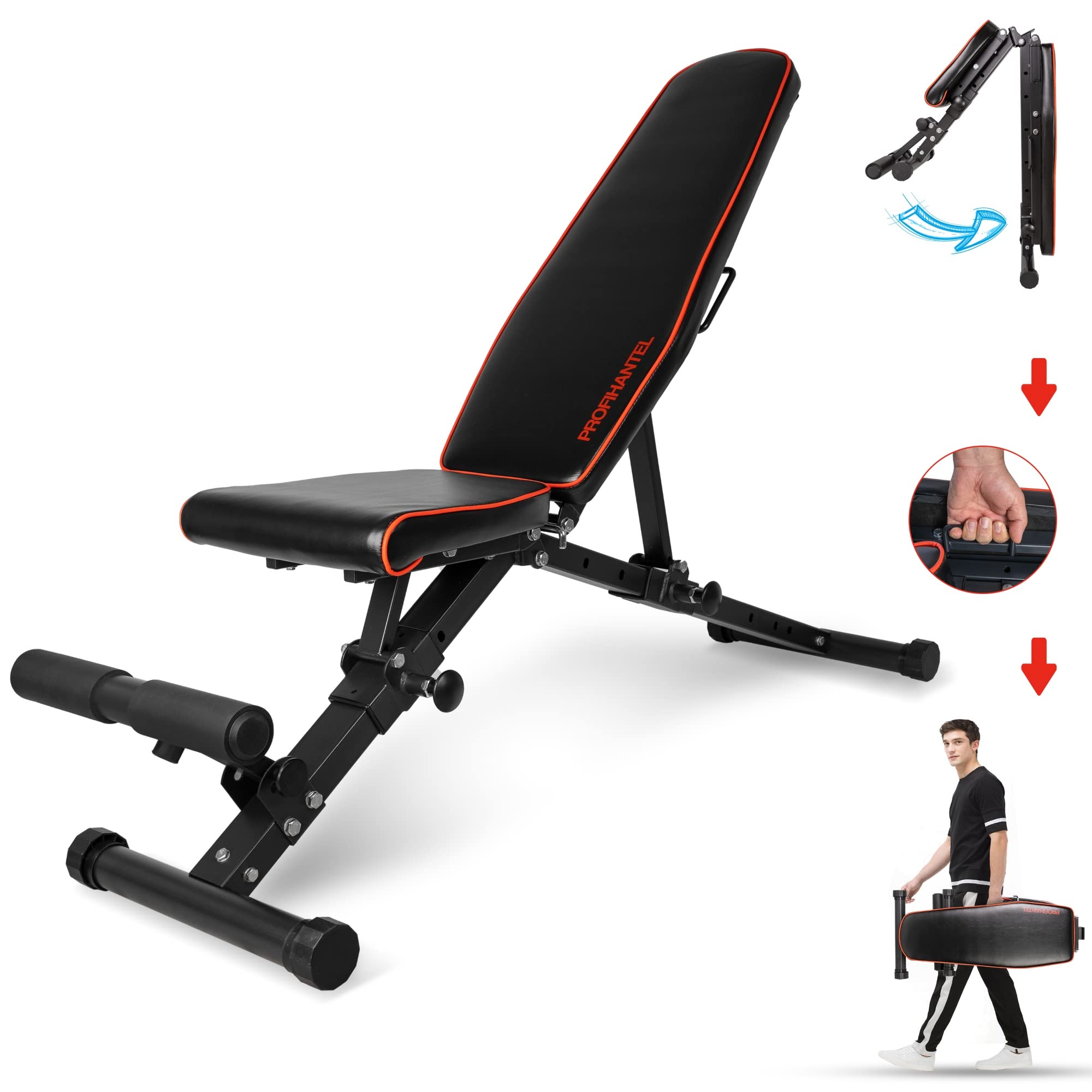 Profihantel | Klappbare Deluxe Hantelbank | Platzsparend & schnell klappbar | 21-fach verstellbare Schrägbank | Extreme Belastbarkeit 550 kg | Mit Beinhalterung | Faltbare und stabile Trainingsbank