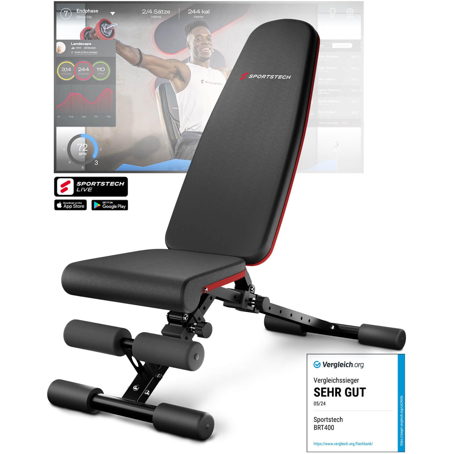 Sportstech Hantelbank Klappbar für Zuhause, 40in1 Schrägbank & Flachbank mit Bankdrücken, Rückentrainer, bench press, Deutsche Qualitätsmarke, sicheres Verstellsystem, BRT400