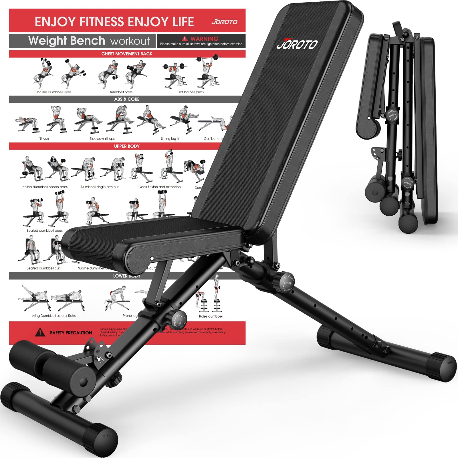 JOROTO Verstellbare Hantelbank Klappbare Bauch Folding Flach Einstellbar Trainingsbank mit 318 kg Belastung für Zuhause, Bankdrücken Bank mit Ein-Knopf-Faltdesign (Modell:MD35)