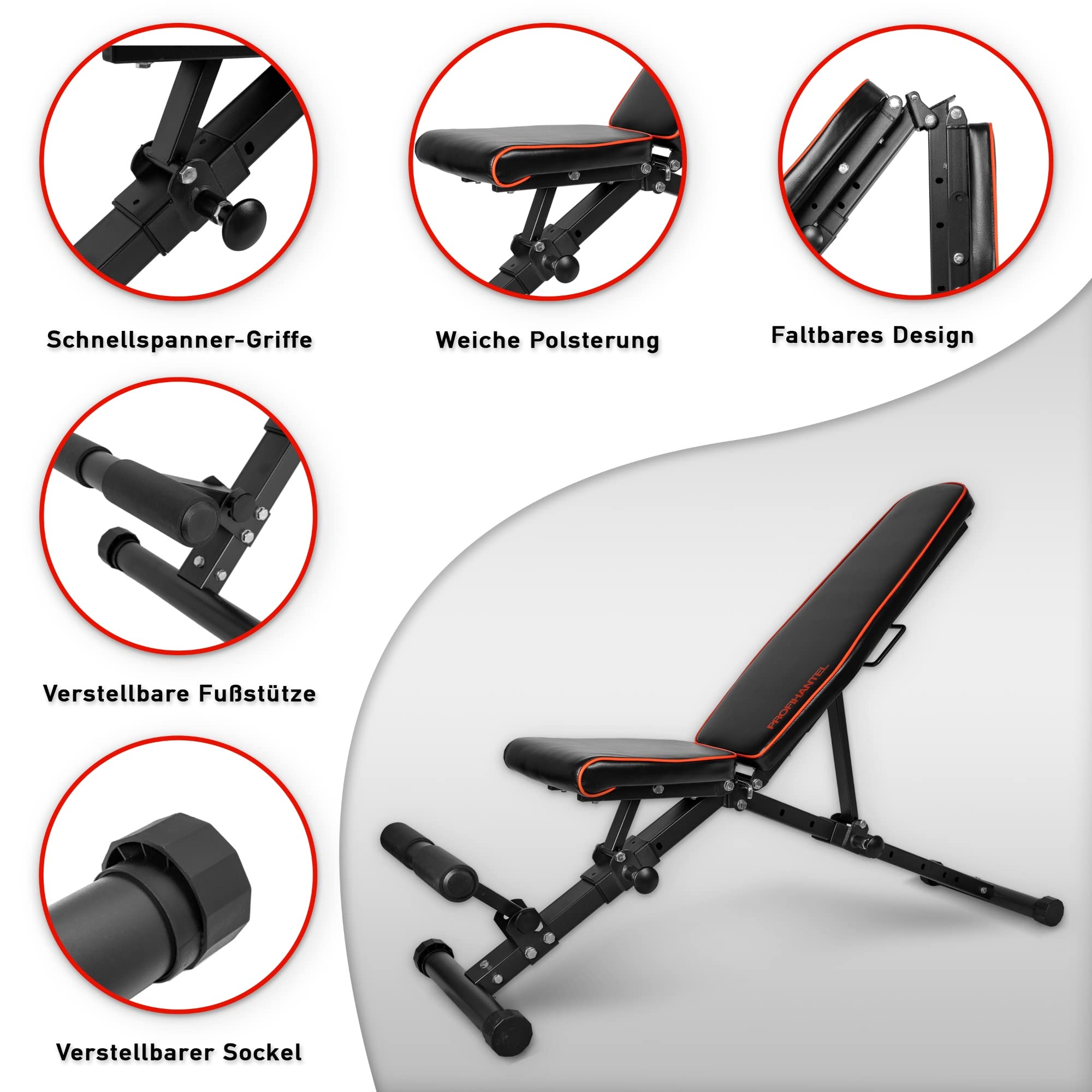 Profihantel | Klappbare Deluxe Hantelbank | Platzsparend & schnell klappbar | 21-fach verstellbare Schrägbank | Extreme Belastbarkeit 550 kg | Mit Beinhalterung | Faltbare und stabile Trainingsbank
