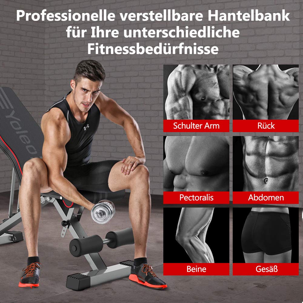 YOLEO klappbare Hantelbank Multifunktion Training Fitness Bank Bauchtrainer Schrägbank mit 6-Fach Verstellbarer Rückenlehne/3-Fach verstellbarer Sitzkissen,Belastung 300kg (Elegantes Schwarz-Rot)