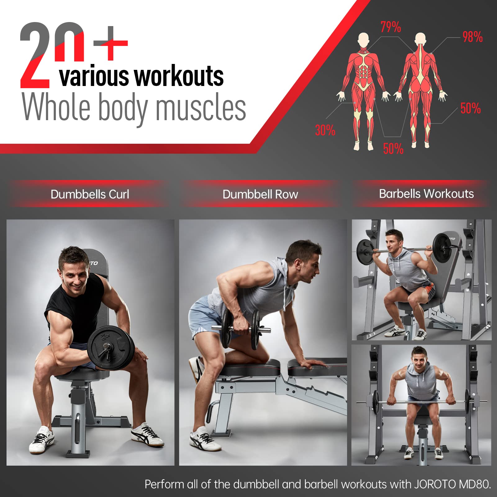 JOROTO Premium Hantelbank | Praktische Fitnessbank, geeignet als Schrägbank & Flachbank Bankdrücken Bank für Ganzkörpertraining | MD80, Folding Flach Einstellbar Bauch