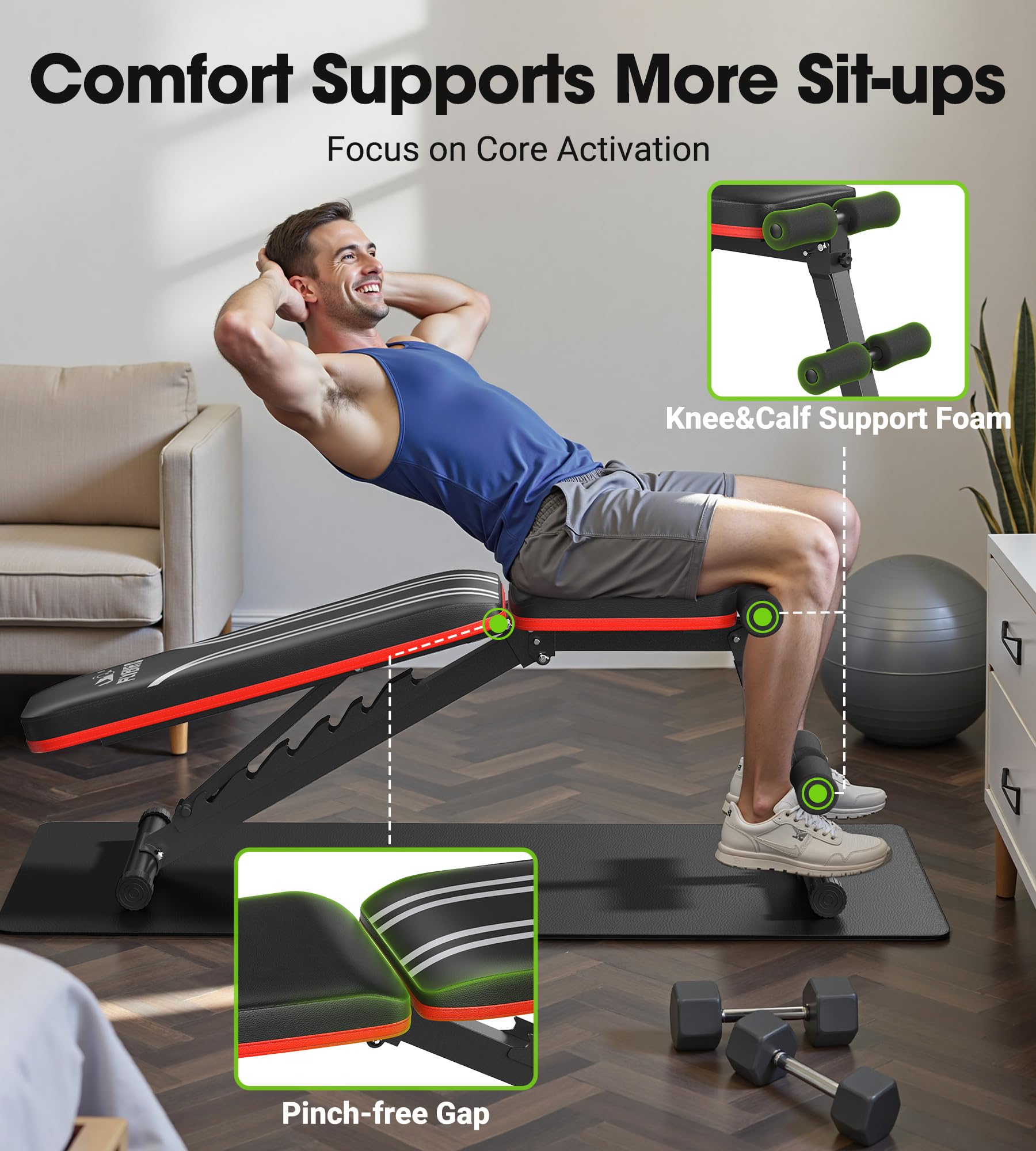 FLYBIRD Multifunktionale Hantelbank, 8-Fach Verstellbare Rückenlehne/3-Fach Verstellbare Fußstütze, 317 kg Belastbarkeit, Klappbare Trainingsbank mit 90° für das Heim-Fitnessstudio